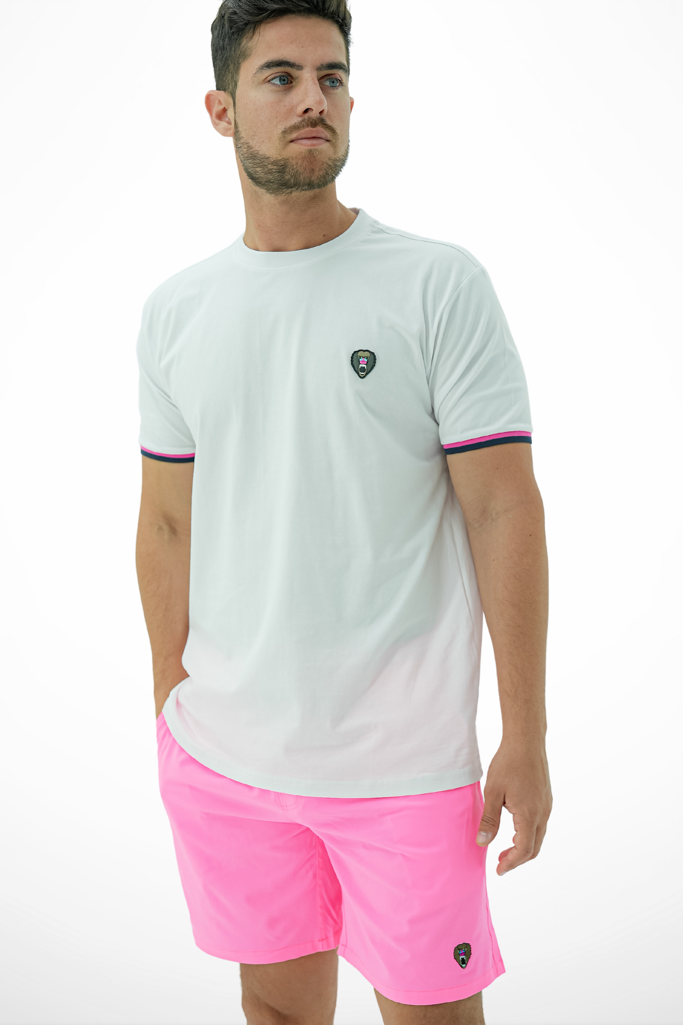 WHITE PINK CUFF RIBBED CREW NECK