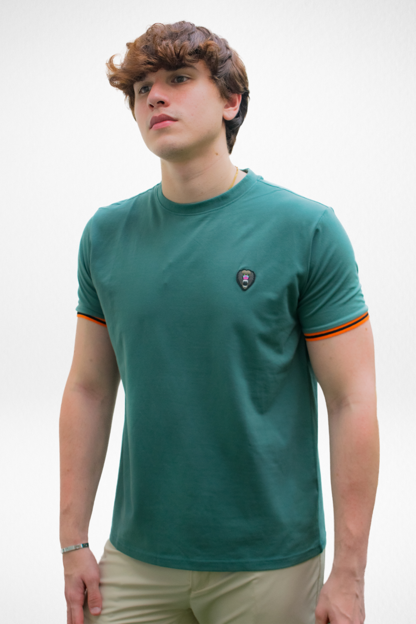 GREEN SAGE CUFF ORANGE/BLACK RIBBED CREW NECK