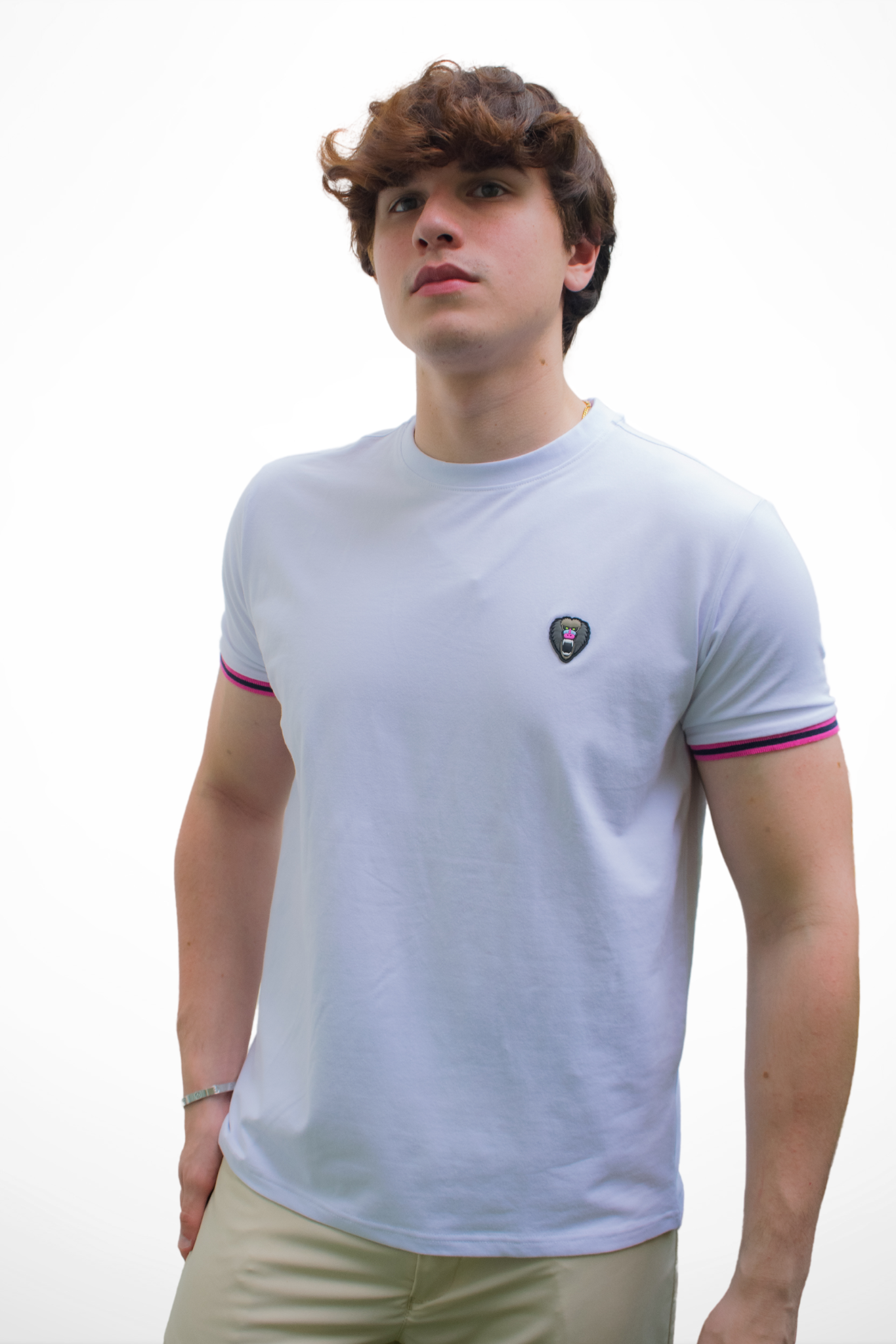 WHITE CUFF PINK/BLACK RIBBED CREW NECK