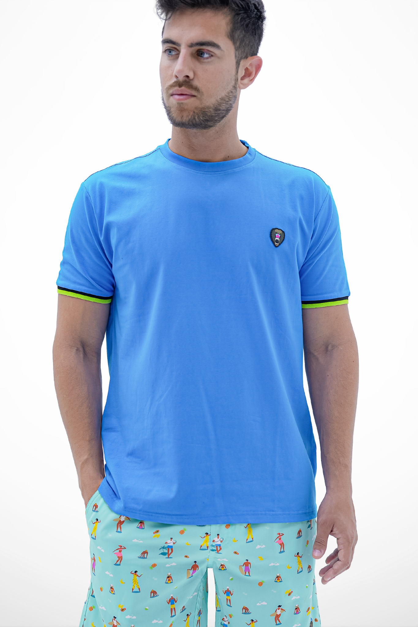 ELECTRIC BLUE CUFF BLACK/YELLOW RIBBED CREW NECK