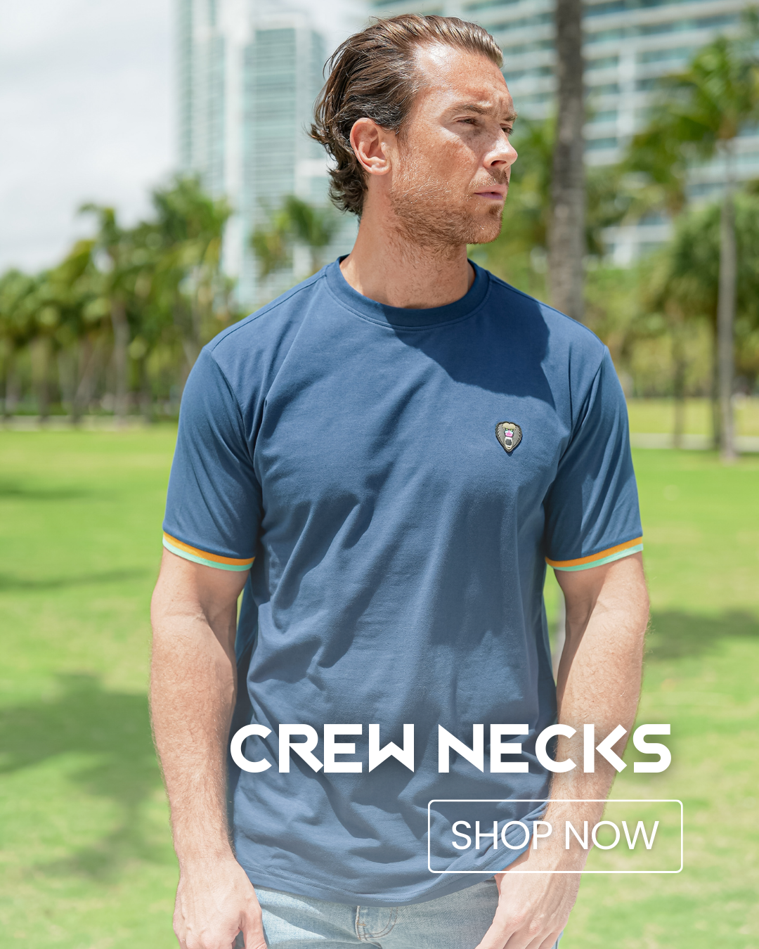 Crew Necks - Shop Now - A model using the blue two tone crew neck. Click to browse all crew necks