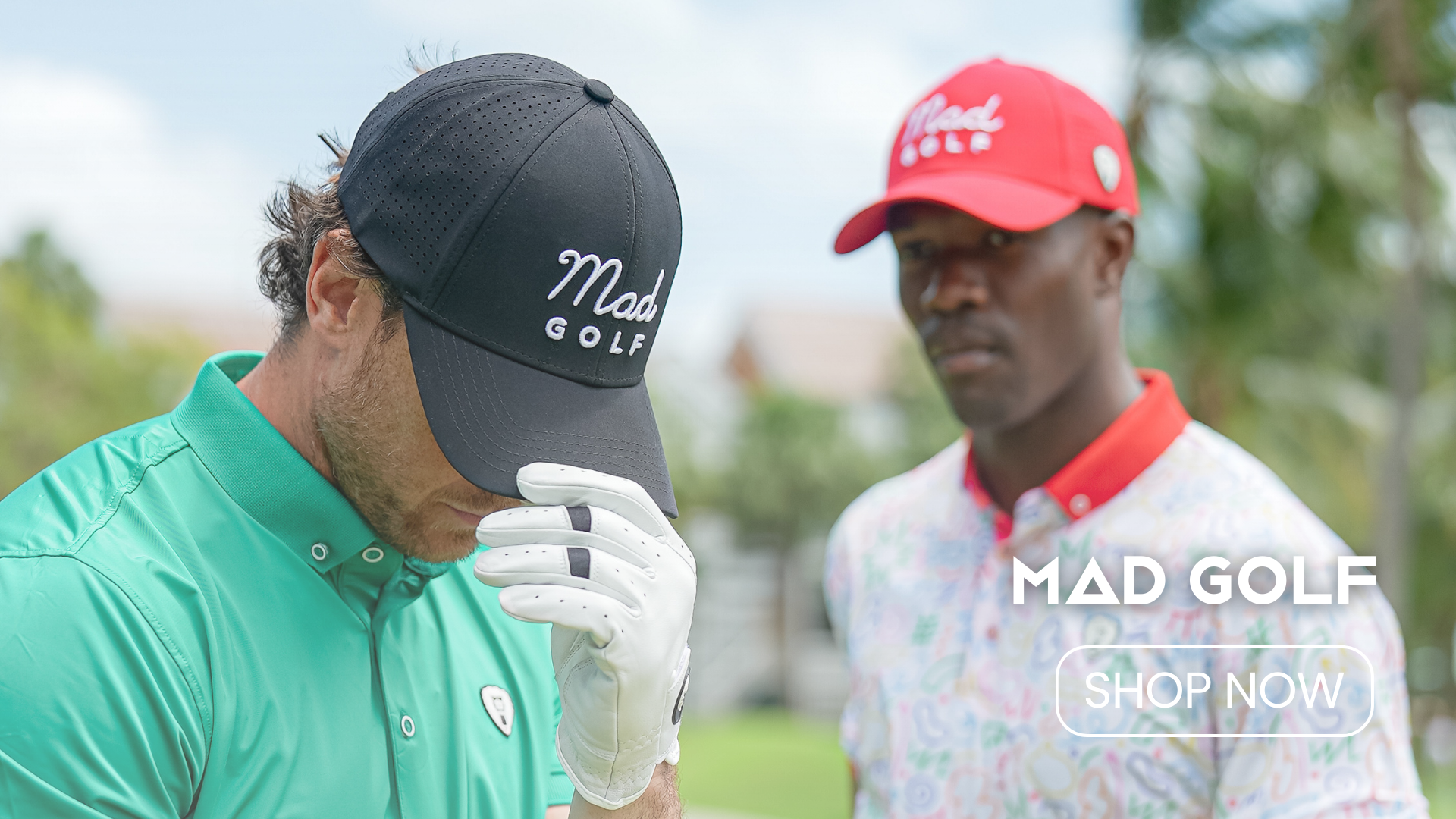 Mad Golf - Shop Now: A picture of two models golfing with the new MadChuck Golf Polos, Golf Headwear and Gloves. Click to Shop