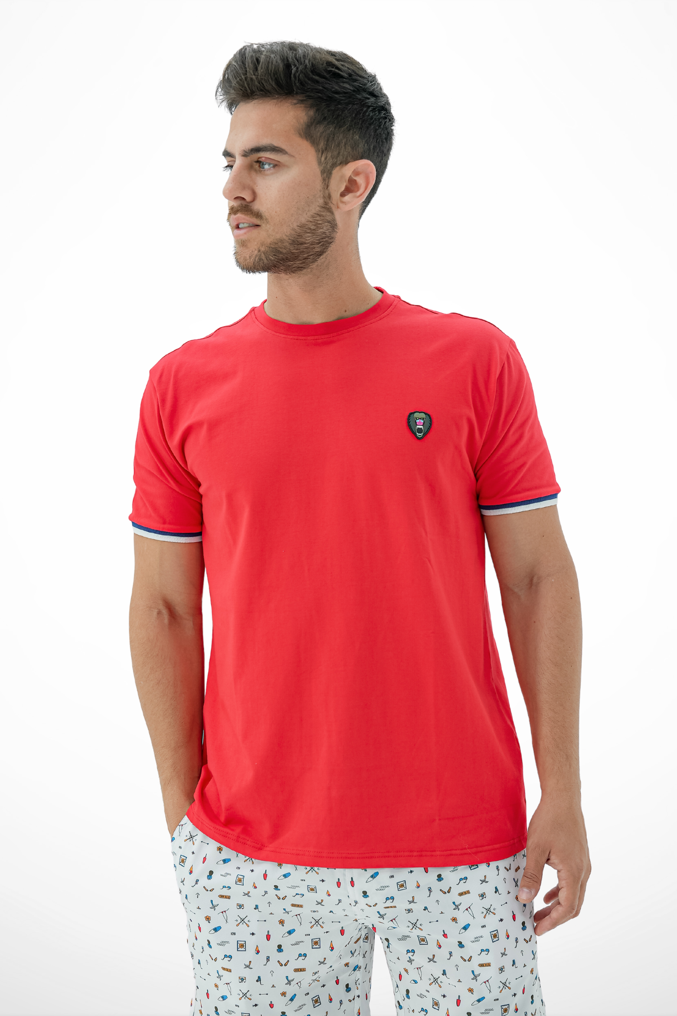 RED CUFF NAVY/WHITE RIBBED CREW NECK