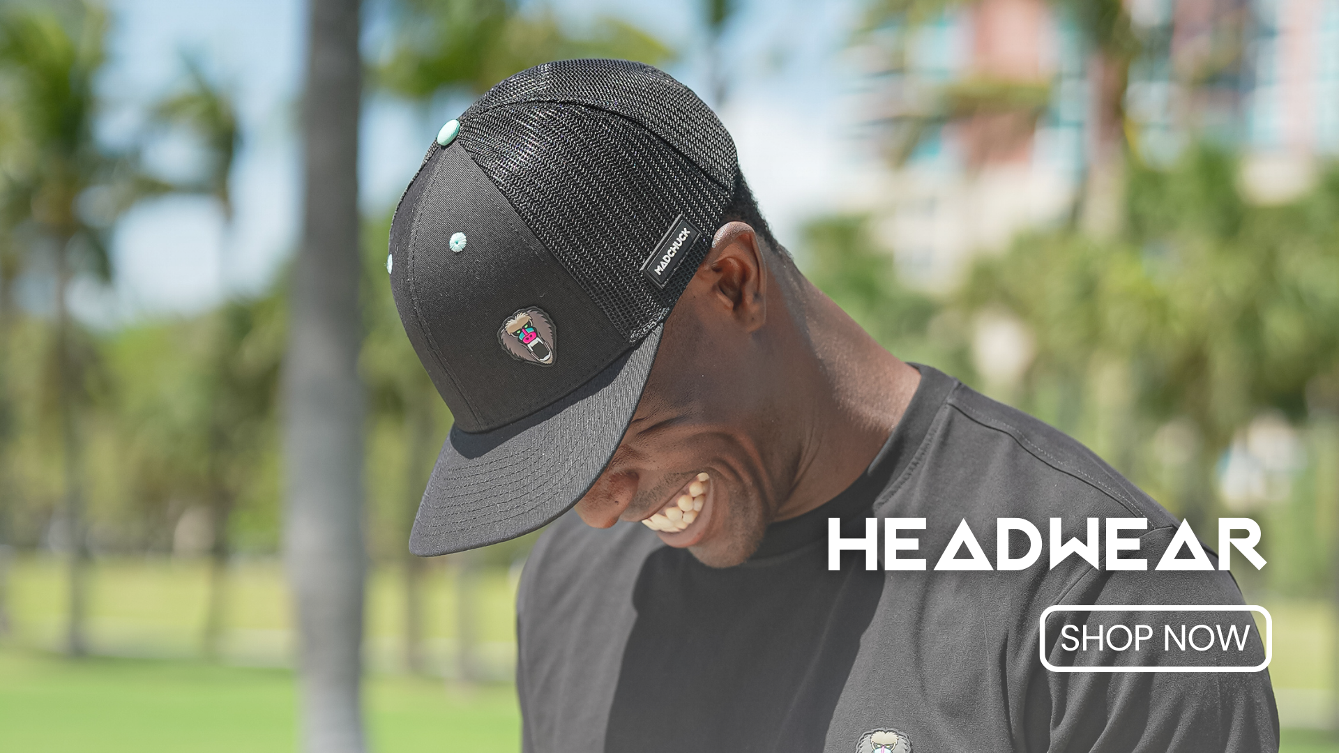 Shop Madchuck Headwear: A male wearing the new Black MadCap. Click to shop the headwear collection.