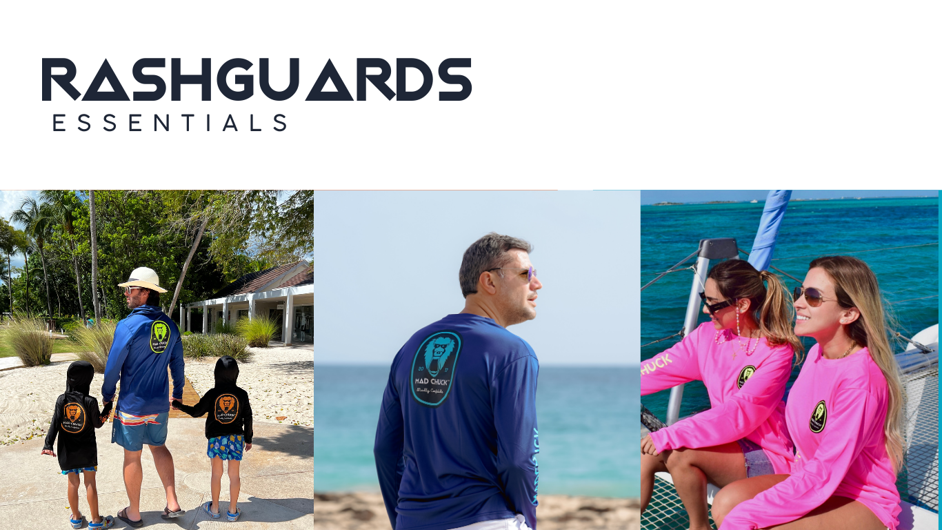 RASHGUARDS ESSENTIALS: Three pictures of people wearing Mad Chuck products.