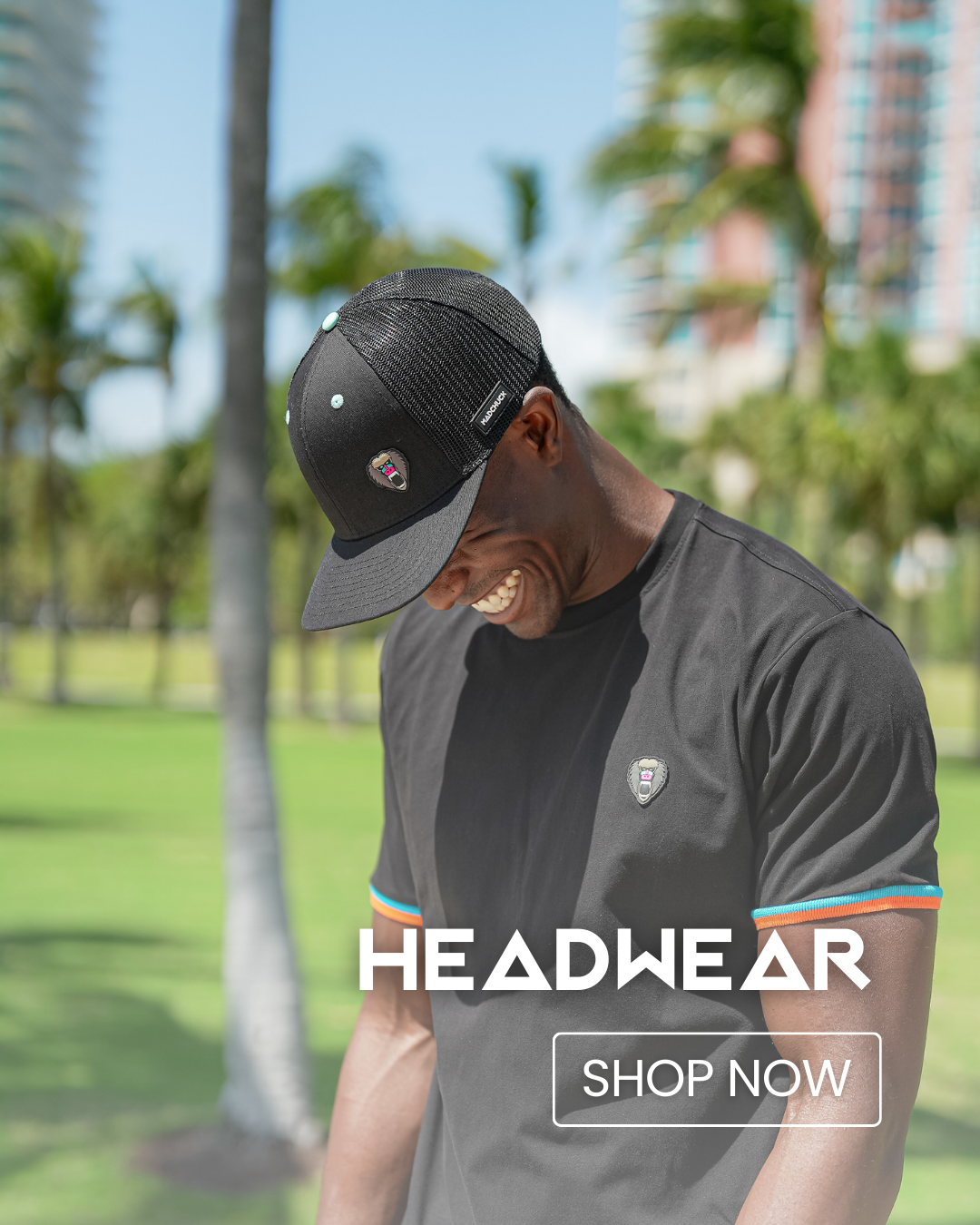 Shop Madchuck Headwear: A male wearing the new Black MadCap. Click to shop the headwear collection.