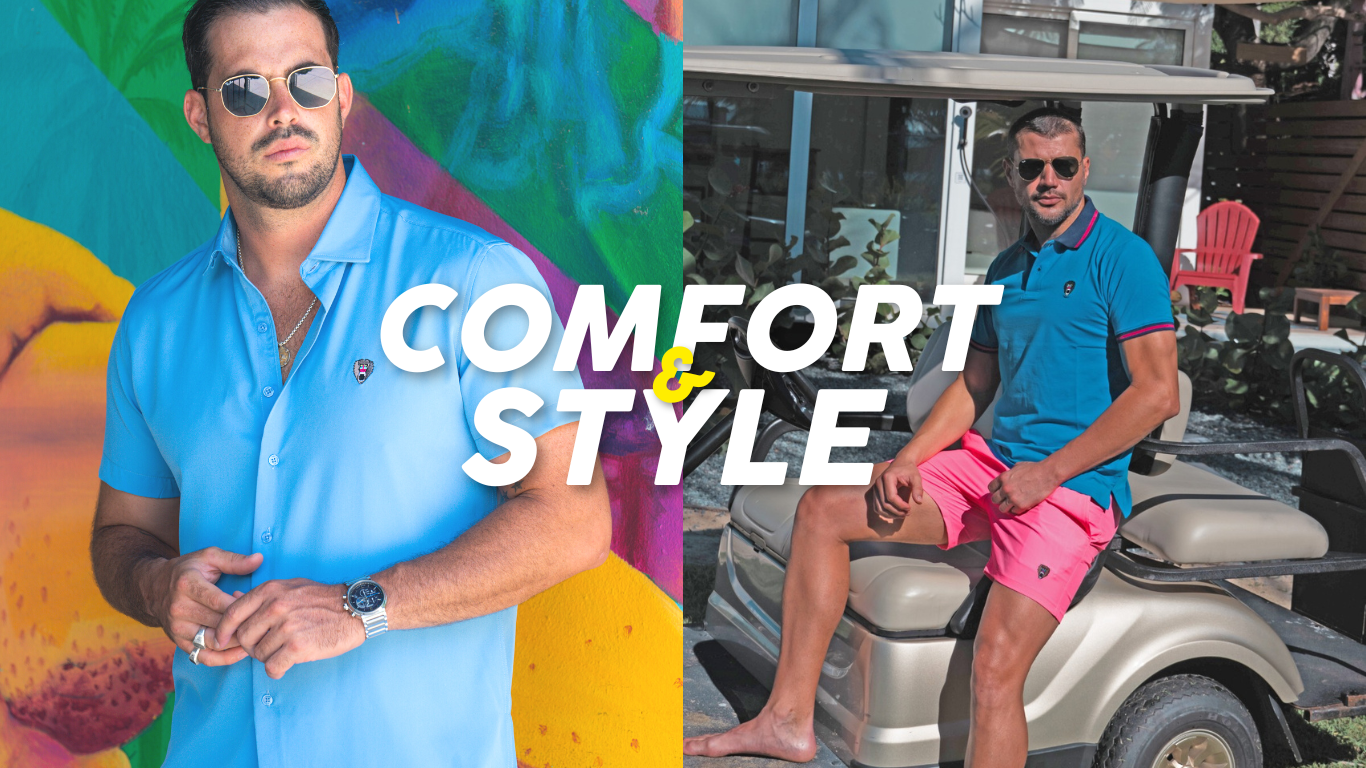 COMFORT STYLE: A man with a shade wearing Mad Chuck blue shirt and pink short. 