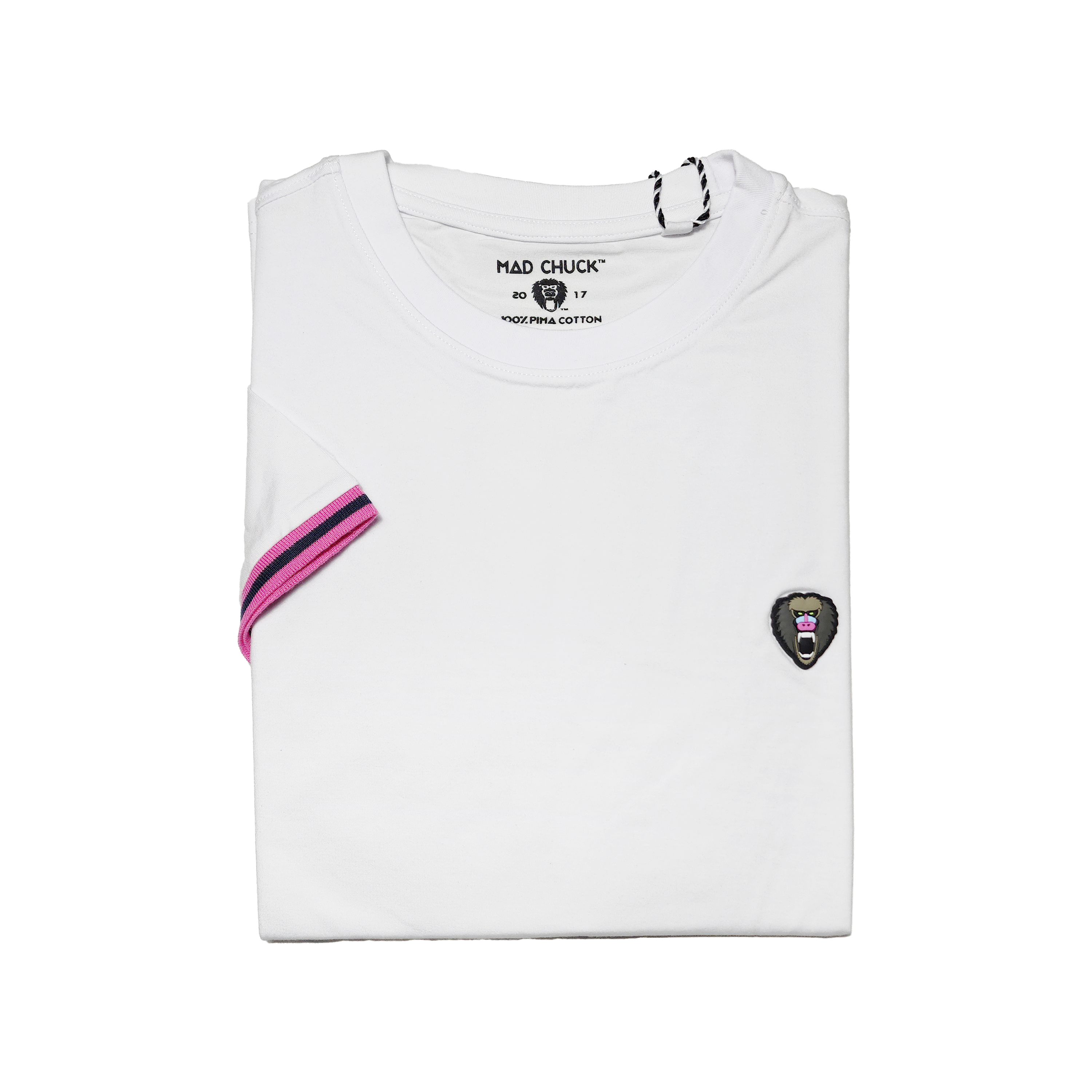 WHITE CUFF PINK/BLACK RIBBED CREW NECK